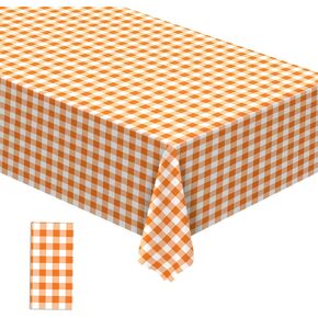 Orange and White Checkered Tablecloth Plastic Fall Thanksgiving Decoration Buffalo Check Plaid Disposable Table Cloth Dining Room Kitchen Decor 54 x108 Inch -Pack of 3 (Orange and White)