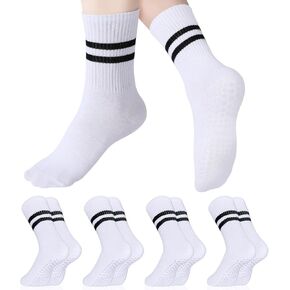 4 Pairs Pilates Grippy Socks for Women, Long Non Slip Yoga Socks with Grips Crew Socks for Pilates Barre Hospital