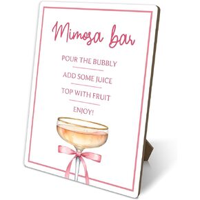 Mimosa Bar Sign, Pink Party Signs, Bar Sign For Wedding Reception Event Party, Bridal Shower Decorations, Wedding Party Decor, 8x11 Inches Tabletop Decor, Wood Sign With Stand, b06