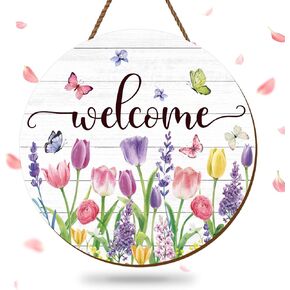 Summer Flower Welcome Door Sign Tulip Wooden Hanging Sign Floral Butterfly Door Hanger Sign for Spring Summer Holiday Indoor Outdoor Farmhouse Home Porch Window Decor