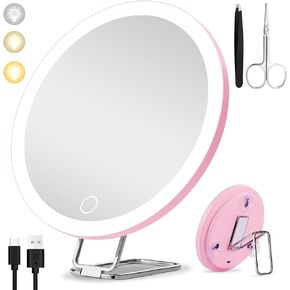 10x Magnifying Mirror with Light, 3 Color Modes Dimming Rechargeable Magnified Makeup Mirror with Magnification 10x, Large 6" Trave Make up Mirror with Stand & Suction Cups in Saudi Arabia