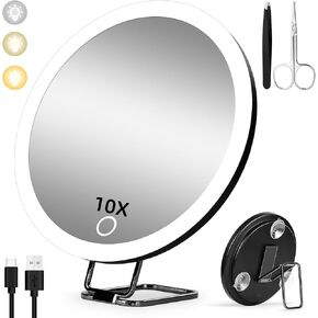 10x Magnifying Mirror with Light, 3 Color Modes Dimming Rechargeable Magnified Makeup Mirror with Magnification 10x, Large 6" Trave Make up Mirror with Stand & Suction Cups
