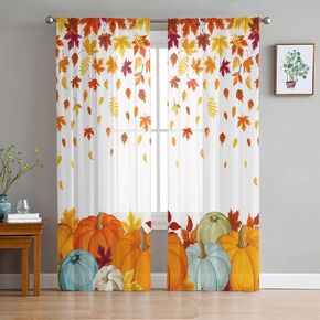 OUR DREAMS Thanksgiving Pumpkin Sheer Curtains 72 Inches Long, Maple Leaf Fall Window Curtain for Living Room, Farmhouse Autumn Drapes Day/Kitchen/Bedroom, 2 Panels, 52inchW x 72inchL
