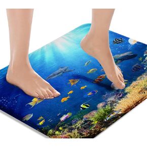 Britimes Blue Sea Bath Mat,Coral Reef and Tropical Fish Summer Bathroom Rugs No Silp,Undersea Sence Washable Cover Floor Rug Carpets Floor Mat 16x24 Inches for Kitchen Bedroom