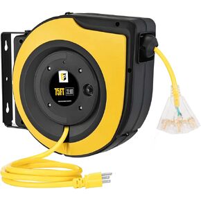 EP Retractable Extension Cord Reel,75 Feet 14 AWG/3C SJTOW Heavy Duty Power Cord,10 AMP Circuit Breaker, 3-Lighted Triple Outlets,Ceiling or Wall Mount Use Indoor/Outdoor, Yellow