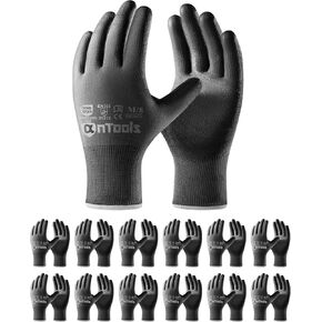 12 Pairs Skin-Friendly PU-coated Work Gloves, Seamless Knit, Lightweight, Flexible, General-Duty Work Gloves for Men and Women, Grey, Large