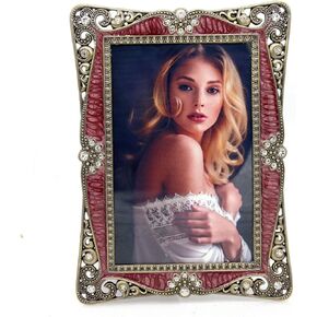LXZ Vintage Retro Brass Plated Metal Picture Frame Decorated with Crystals - Clear Glass Front Cover - Tabletop Display Vertically or Horizontally, Size 5 x 7 Inches