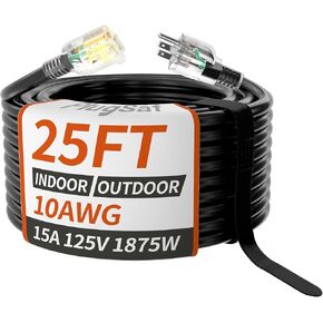 25ft 10/3 Gauge Outdoor Extension Cord Waterproof with Lighted Indicator,10 Gauge SJTW Heavy Duty 15Amp 1875W,3 Prong Cords Flexible Copper Black ETL Listed