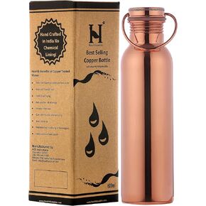 Pure Copper Water Bottle with Handle, 600 Ml, UNLINED, UNCOATED and LACQURED-FREE for Ayurvedic Health Benefits