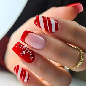 24Pcs Christmas Nails French Tip Fake Nails Red False Nails Swirl Designs Press on Nails Pink Full Cover Square Stick on Nails Cute Xmas Nail Accessories for Women