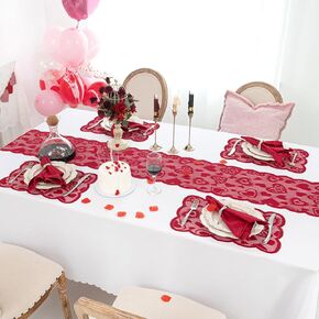 Joyfol Day 5 PCS Valentines Day Lace Table Runner with 4 Placemats, Red Heart Shaped Romantic Table Mats Set for Wedding Anniversary Party Supplies Home Table Dinner Decor (13 x 72 Inch)