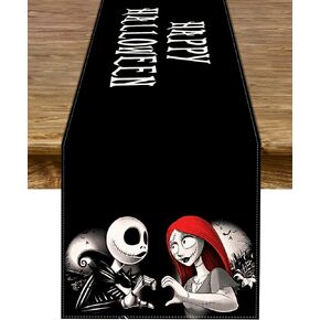 Sunwer Happy Halloween Table Runner The Nightmare Before Christmas Jack and Sally Party Indoor Outdoor Table Cover Decoration Home Kitchen Dining Room (13" x 108")