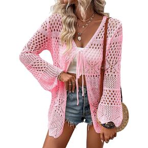 Women Crochet Cardigan Lightweight Tie Front Hollow Out Long Sleeves Summer Knit Cover Cardigans