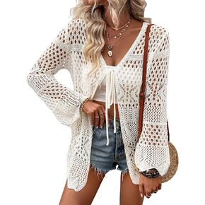 Women Crochet Cardigan Lightweight Tie Front Hollow Out Long Sleeves Summer Knit Cover Cardigans