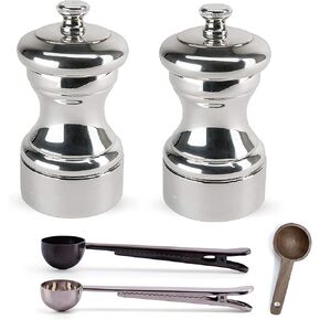 Peugeot Mignonnette Silver-Plated Salt & Pepper Mill Gift Set, 10cm/4-Inch - With 3 Stainless Steel/Wood Spice Scoops (Salt & Pepper Mill Set)