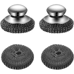 2 pcs Steel Wool Scrubber with 2 Replacement Wire Pads, Stainless Steel Scrubber Dish Scrub Brush with Handle, Multipurpose Kitchen Cast Iron Scrubber for Pots, Grills,Ovens,Other Tough Cleaning Jobs