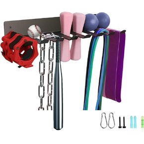 Wall Mount Home Gym Equipment Storage Rack (8 Hook) - Gym Organizer for Lifting Belt Fitness, Jump Ropes, Yoga Mat, Resistance Bands - Sturdy & Durable, (Black)