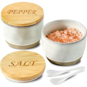 2 Pack Salt and Pepper Bowls Set, Ceramic Salt and Pepper Containers with Bamboo Lid and Spoon, Farmhouse Salt Pepper Holder Bowls Set