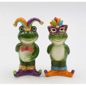 Fine Ceramic Mardi Gras Costume Frogs Couple Salt & Pepper Shakers Set, 4-7/8" H