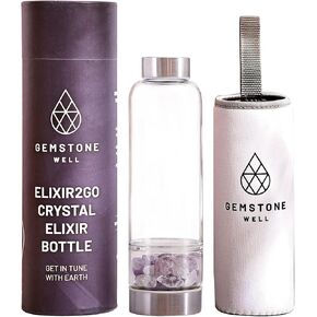Crystal Water Bottle Elixir Set | Includes Authentic Green Beryl & Clear Quartz Healing Crystals | Black Neoprene Sleeve | Drink Gem Infused Water On The Go