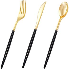 I00000 144Pcs Gold Plastic Silverware,Heavy Duty Gold Plastic Cutlery Disposable Flatware,Gold Plastic Utensils Set Includes 48 Gold Forks,48 Gold Knives,48 Gold Spoons for Wedding and Party