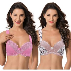 Curve Muse Women's Plus Size Unlined Underwire Lace Bra with Cushion Straps-2PK