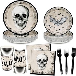 DYLIVeS Halloween Party Supplies Kit, Halloween Skull Bats Disposable Tableware, Includes Dinner Plates, Dessert Plates Napkins Cups Forks, Halloween Birthday Party Decorations Adults, Serve 24