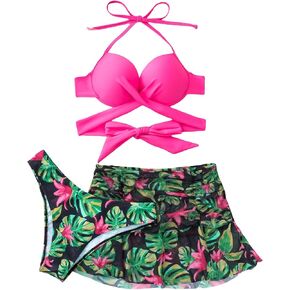 Milumia Women's 3 Piece Wrap Cross Push Up Tropical Print Bikini Swimsuit with Beach Skirt