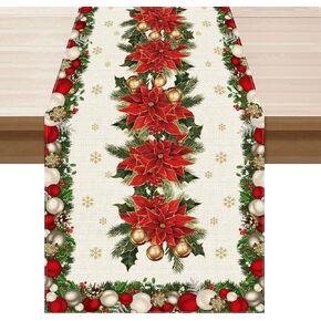 Flower Snowflakes Christmas Winter Xmas Cloth Table Runner Burlap Table Decoration for Home Kitchen Dining Dinner Indoor Holiday Farmhouse Decor 13x72 Inch