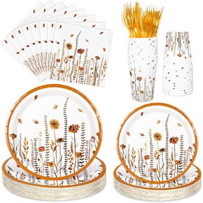 AnyDesign 168Pcs Fall Floral Party Decor Supplies Wildflower Tableware Set Disposable Paper Plates Cups Knives Forks Spoons Napkins for 24 Guests Autumn Birthday Wedding