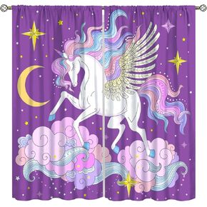 Unicorn Curtains for Kids Room, Colorful Cute Cartoon Rainbow Unicorn Clouds Stars Print Rod Pocket Window Treatments Drapes for Princess Bedroom Nursery42x45in