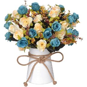 Artificial Flower in Vase,Ceramics Vase with Silk Flower Arrangements Table Centerpieces Wedding Flower Bouquets for Office Meeting Room Home Décor Decoration(Blue)