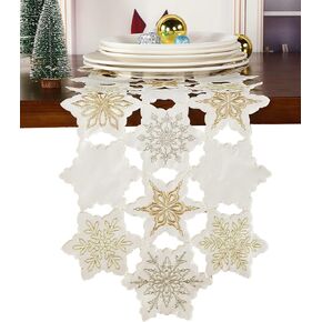 GRANDDECO Christmas Holiday Table Runner with Embroidered Elegant Snowflake Festive Winter Table Topper for Family Xmas Home Kitchen Dinner Party Table (Table Runner 13X54(33X137cm), White)