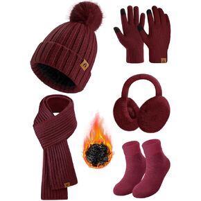Winter Beanie Hats Scarf Touch Screen Gloves Fuzzy Socks Ear Muffs 5pcs Set for Women Winter Ski Outing Set