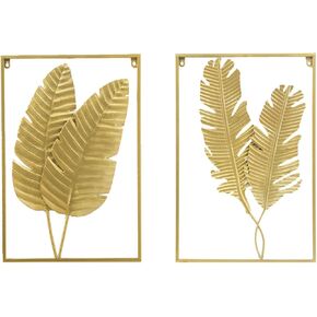 MKUN Set of 2 Iron Wall Sculptures -Gold Metal Leaf Wall Hanging Home Decor with Frame, Modern Luxury Wall Art Decor for Living Room, Bedroom, Office, Hotel, Large 24" X 16" (Gold_A)