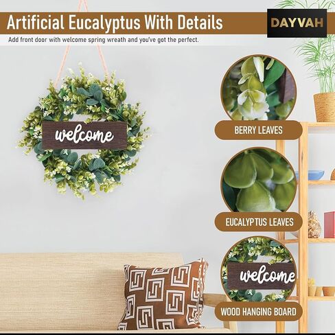 Artificial Eucalyptus Wreath with Welcome Sign 18 Inch Front Door Greenery Wreath for Spring, Summer, Fall, All Seasons Large Size Polytype Leaves Wreath for Farmhouse Garden Décor in Saudi Arabia