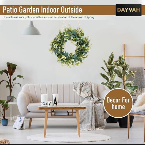 Artificial Eucalyptus Wreath with Welcome Sign 18 Inch Front Door Greenery Wreath for Spring, Summer, Fall, All Seasons Large Size Polytype Leaves Wreath for Farmhouse Garden Décor in Saudi Arabia