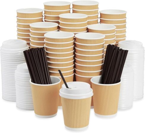 Juvale 50 Pack Disposable Small Coffee Cups 8 oz, Insulated, Ripple, To Go Kraft Paper Coffee Cups with Lids and Stirring Straws Included for Hot Drinks (150 Total Pcs) in Saudi Arabia