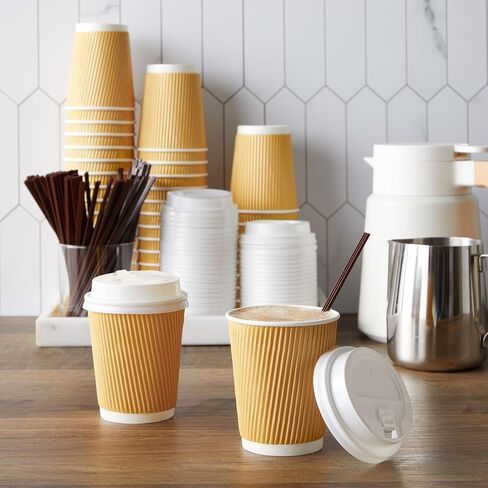 Juvale 50 Pack Disposable Small Coffee Cups 8 oz, Insulated, Ripple, To Go Kraft Paper Coffee Cups with Lids and Stirring Straws Included for Hot Drinks (150 Total Pcs) in Saudi Arabia