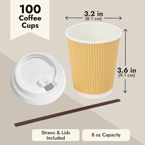 Juvale 50 Pack Disposable Small Coffee Cups 8 oz, Insulated, Ripple, To Go Kraft Paper Coffee Cups with Lids and Stirring Straws Included for Hot Drinks (150 Total Pcs) in Saudi Arabia