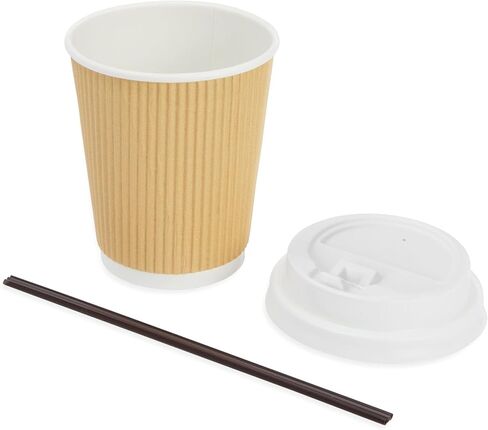 Juvale 50 Pack Disposable Small Coffee Cups 8 oz, Insulated, Ripple, To Go Kraft Paper Coffee Cups with Lids and Stirring Straws Included for Hot Drinks (150 Total Pcs) in Saudi Arabia