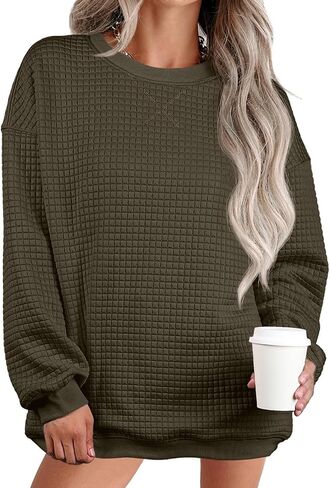 Womens Oversized Waffle Knit Sweatshirts Casual Long Sleeve Crewneck Pullover Tops in Saudi Arabia