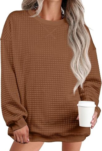 Womens Oversized Waffle Knit Sweatshirts Casual Long Sleeve Crewneck Pullover Tops in Saudi Arabia