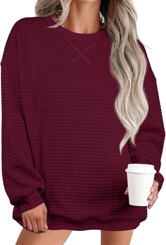 Womens Oversized Waffle Knit Sweatshirts Casual Long Sleeve Crewneck Pullover Tops in Saudi Arabia