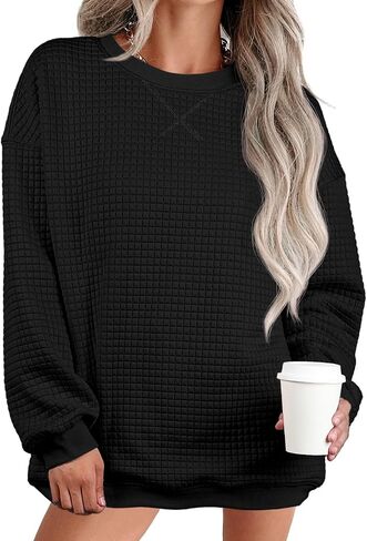 Womens Oversized Waffle Knit Sweatshirts Casual Long Sleeve Crewneck Pullover Tops in Saudi Arabia