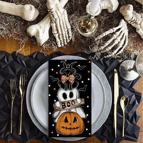 Horaldaily 100 Halloween Disposable Paper Decorative Guest Napkins, Orange Jack-O-Lantern Pumpkin Dots Ghost Cat Hand Towel for Party Lunch Dinner Kitchen Bathroom in Saudi Arabia