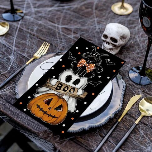 Horaldaily 100 Halloween Disposable Paper Decorative Guest Napkins, Orange Jack-O-Lantern Pumpkin Dots Ghost Cat Hand Towel for Party Lunch Dinner Kitchen Bathroom in Saudi Arabia