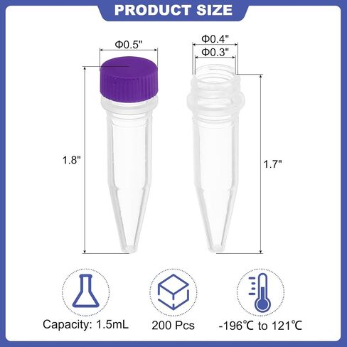 PATIKIL 1.5ml Plastic Cryogenic, 200Pcs Cryogenic Vial Screw Top Frozen Test Tube for Lab Laboratory Science, Purple Cap in Saudi Arabia