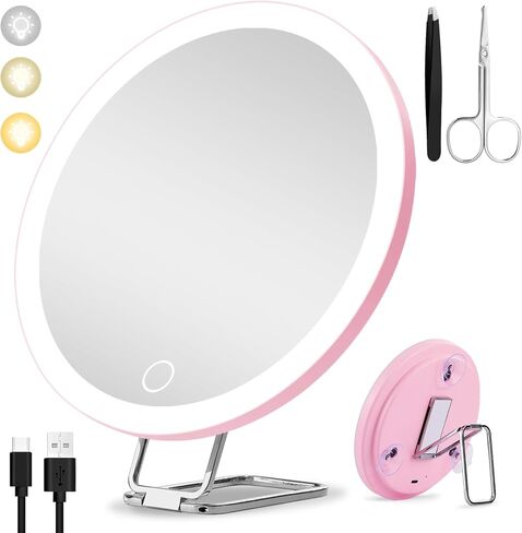 10x Magnifying Mirror with Light, 3 Color Modes Dimming Rechargeable Magnified Makeup Mirror with Magnification 10x, Large 6" Trave Make up Mirror with Stand & Suction Cups in Saudi Arabia