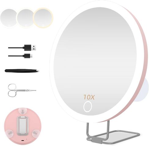 10x Magnifying Mirror with Light, 3 Color Modes Dimming Rechargeable Magnified Makeup Mirror with Magnification 10x, Large 6" Trave Make up Mirror with Stand & Suction Cups in Saudi Arabia